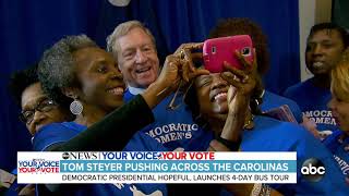 Tom Steyer Launches 4-Day Bus Tour Across the Carolinas (America This Morning)