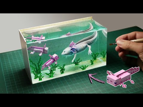 Diorama of MINECRAFT RTX ON/OFF Axolotls in the Aquarium / Polymer Clay / Epoxy Resin