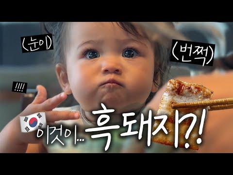 미국에서 온 아기가 한국 흑돼지를 처음 먹고 보인 반응