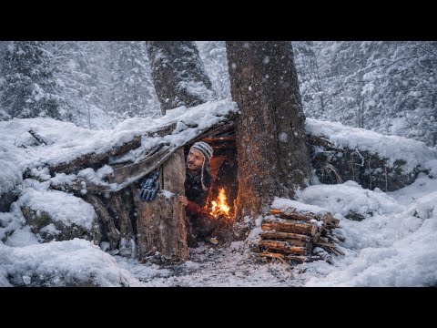 Bushcraft Camping in Snow | Building a Survival Shelter Alone