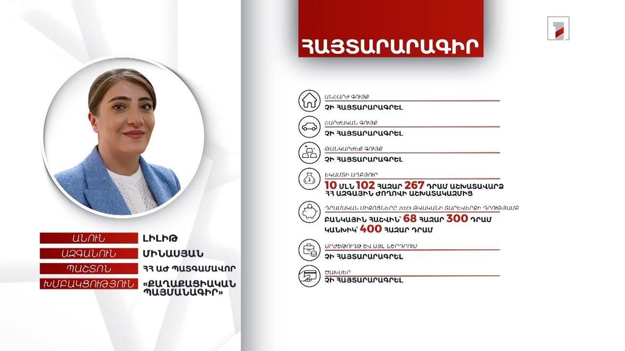 Բանկային հաշվին 68 հազար դրամ, կանխիկ 400 հազար. ՀՀ ԱԺ պատգամավոր Լիլիթ Մինասյանի հայտարարագիրը