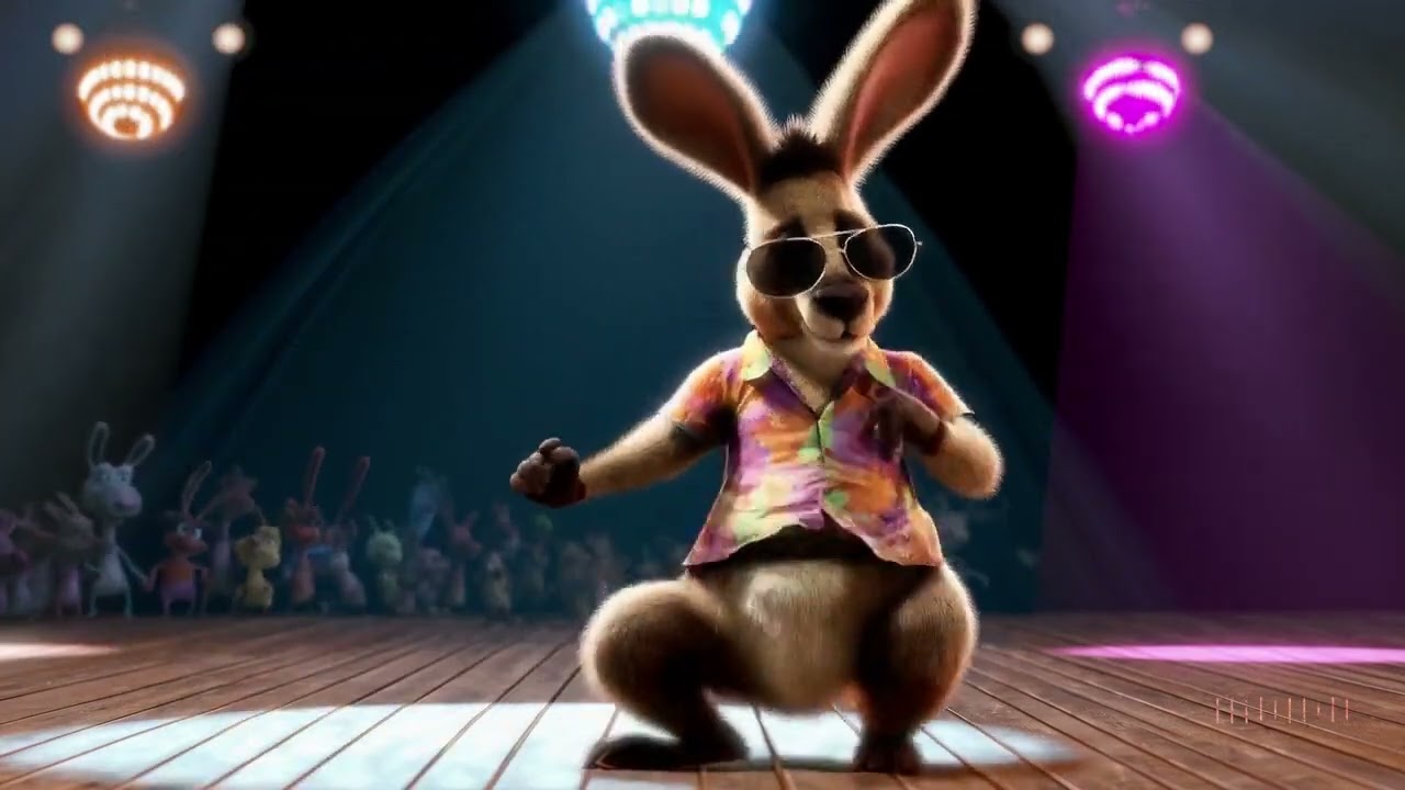 Сгенерировано ИИ от Sora OpenAI. Мультяшный диско-танцующий кенгуру