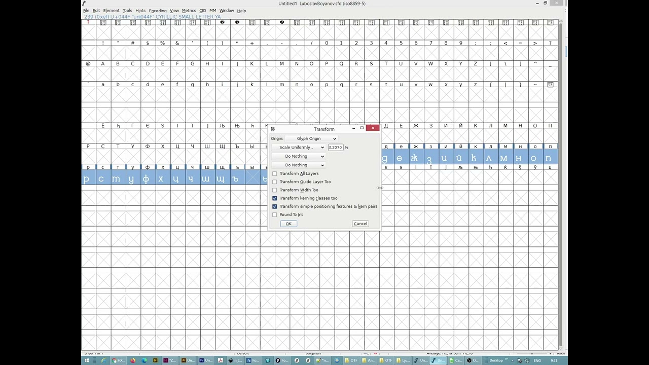 FontForge. Transform glyphs to a given size in FontForge