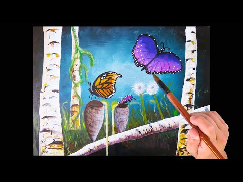 Butterfly Acrylic Painting Tutorial For Beginners Speed Painting With Cocoon's and Birch Tress