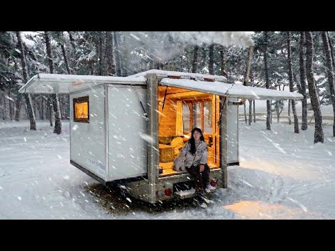 ❄️ Cozy snow camping in a truck with a wood stove and a dog on a snowy winter seafront  / ASMR