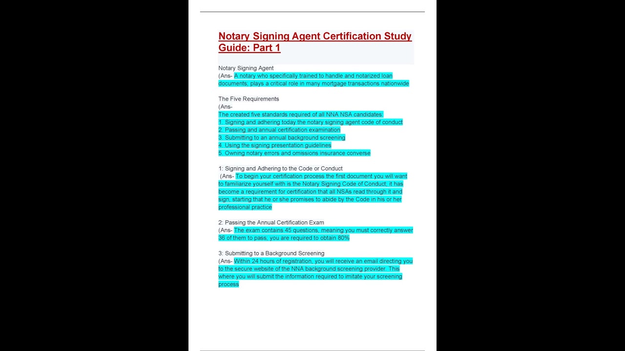 Notary Signing Agent Certification Study Guide Part 1; Updated A+ Score Solution
