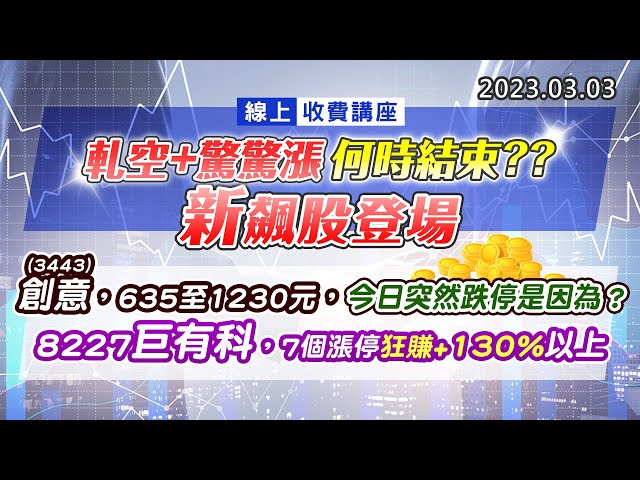 20230303《股市最錢線》#高閔漳 線上收費講座，軋空+驚驚漲，何時結束？？新飆股登場”“3443創意，635至1230元，今日突然跌停是因為？？””8227巨有科，7個漲停狂賺+130%以上