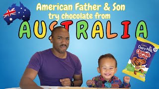 American Father and Son trying AUSTRALIAN Chocolate for the FIRST TIME (Aussie food, candy & snacks)