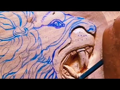 Wood carving beautiful lion 3d art