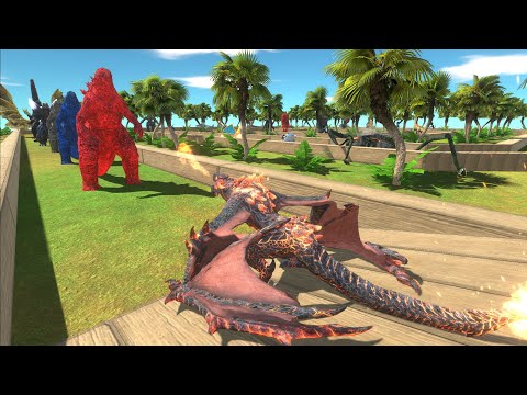 FIRE LAVA DRAGON VS GODZILLA AND GHIDORAH  DEATH RUN - Animal Revolt Battle Simulator