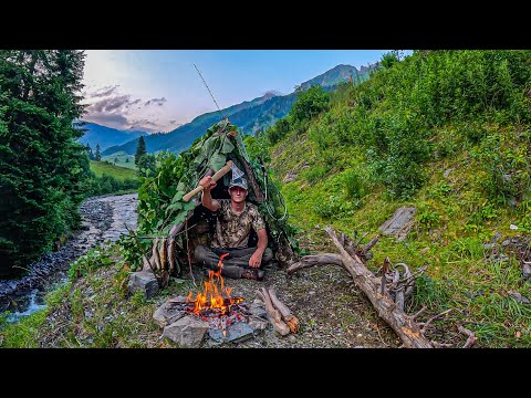 SOLO Bushcraft: CATCH & COOK wild Mountain TROUT at my survival SHELTA!
