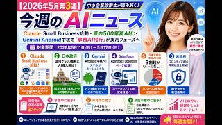 【2026年5月第3週】今週のAIニュース｜Claude Small Business始動・源内500業務AI化・Gemini Android中核で「事務AI代行」が実用フェーズへ