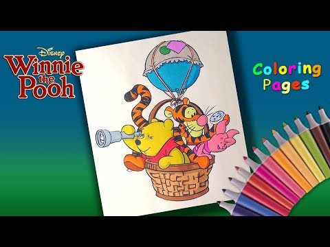 Winnie Pooh and His Friends Coloring Book. Traveling in a hot air balloon Coloring Pages for Kids