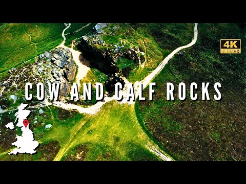 Ilkley Moor’s Iconic Cow and Calf Rocks from Above, Scenic 4K Drone Exploration on a windy day