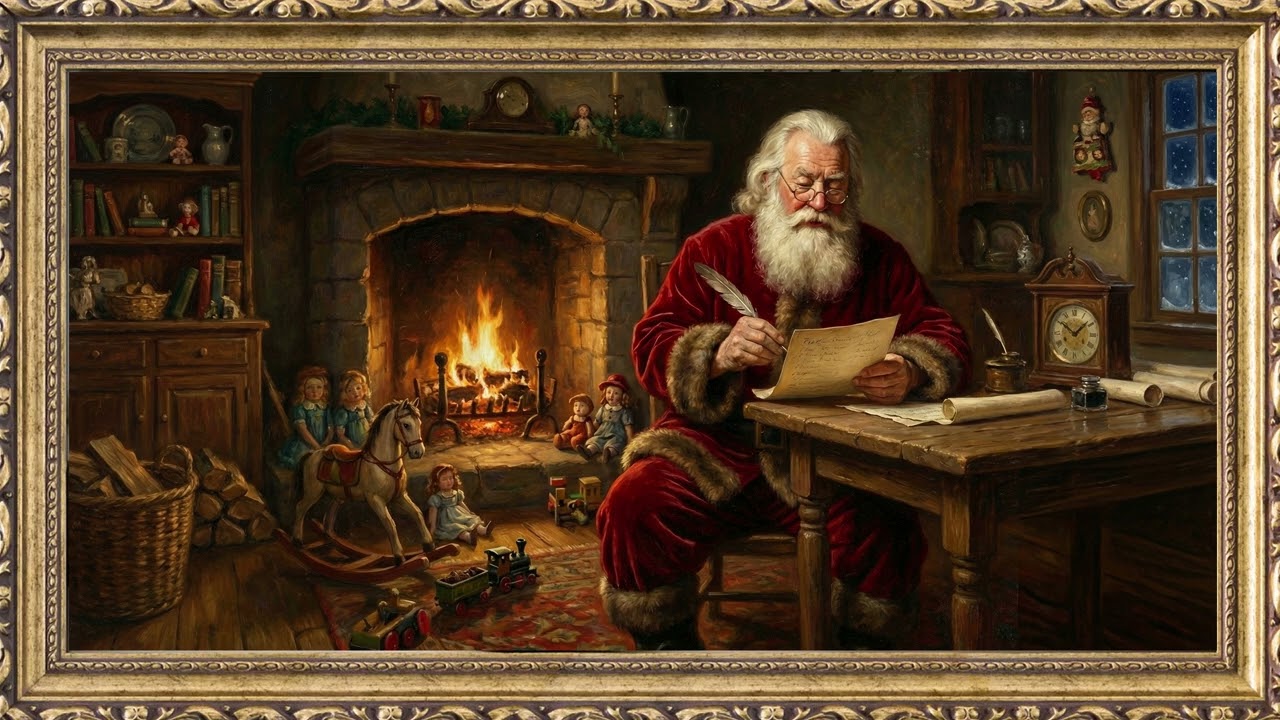 Santa Checking List Workshop Gold Frame TV Art Screensaver | 2 Hours 4K — 4K ambient art screensaver in baroque gold frame