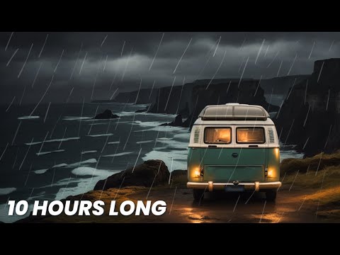Heavy Rain On Retro Camper Van Parked On A Cliffside | Camping By The Ocean | Rain & Ocean Sounds