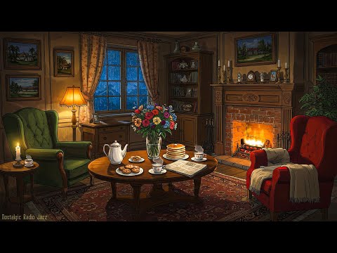 it's rainy cozy night in 1940's with soft oldies playing in another room (fireplace & rain sounds)