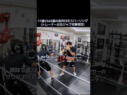 17歳VS45歳の条件付きスパーリング2R目(トレーナーは右ジャブ攻撃限定)