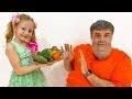 Nastya teaches dad to eat healthy food and exercise