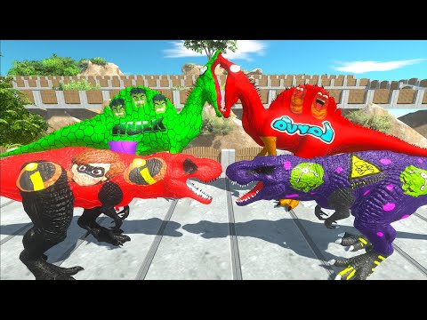 ELASTIGIRL T-REX vs HULK SPINOSAURUS DEATH RUN - Animal Revolt Battle Simulator