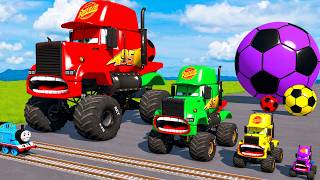 4 MONSTER TRUCKS vs Big & Small Long Mack Truck with Ball vs Train Thomas - BeamNG.Drive