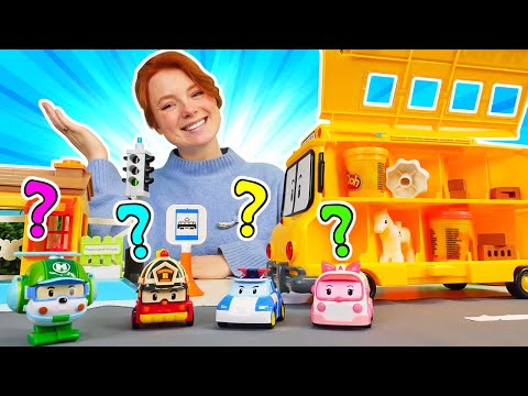 Spielzeug Video für Kinder mit Irene und Robocar Poli. Im Schulbus ist kein Platz.