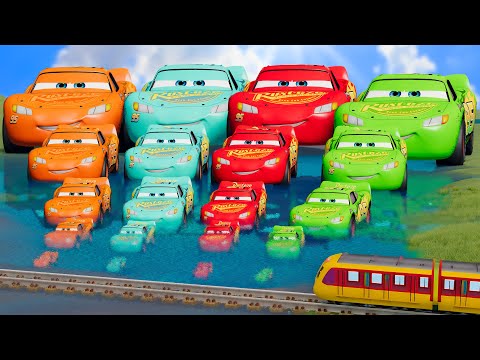 Big & Small Colors Lightning Mcqueens vs Trains | BeamNG.Drive