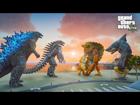 Godzilla and Mechagodzilla vs WereShark and Werecrab - GTA V Mods