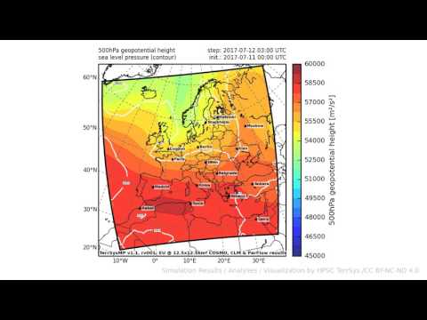 TerrSysMP monitoring run 2017-07-11 - geopotential and sea level pressure - Europe (72h)