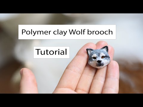 Polymer clay Grary wolf brooch tutorial. Handmade brooch animals