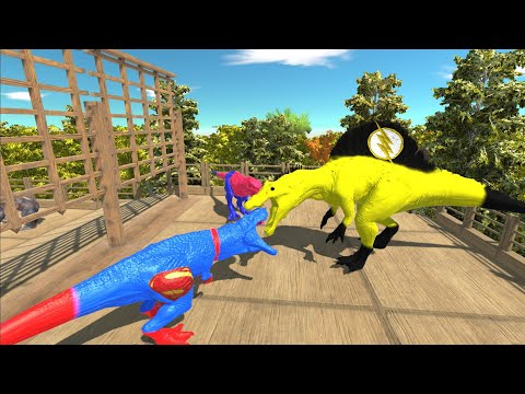 HULK AND SUPERMAN T-REX VS FLASH SPINOSAURUS DEATH RUN - Animal Revolt Battle Simulator