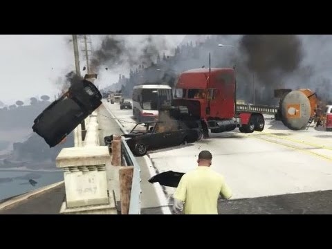 GTA 5- Horrific truck Accident ever With Cars at Bridge