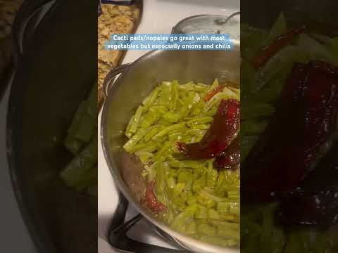 Cooking cactus pads with some chiles #nopales #veganrecipes
