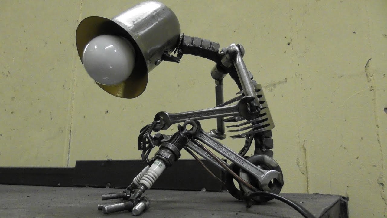 Scrap metal art table lamp