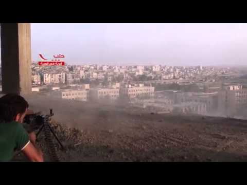 استهداف مبنى إكثار البذار الذي يتحصن فيه قوات النظام في جبهة بستان الباشا في حلب بواسطة رشاش بي كي سي من قبل ألوية فجر الحرية