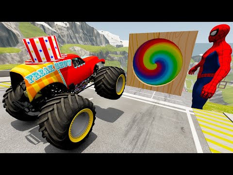 Monster Trucks Jumping Through Giant Portal BeamNG Random