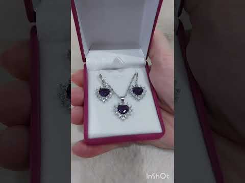 Набор "Сердечки Аметист в серебре" колье и серьги из ювелирного сплава и цирконов оригинальный подарок девушке - фото 2 - id-p1861407646