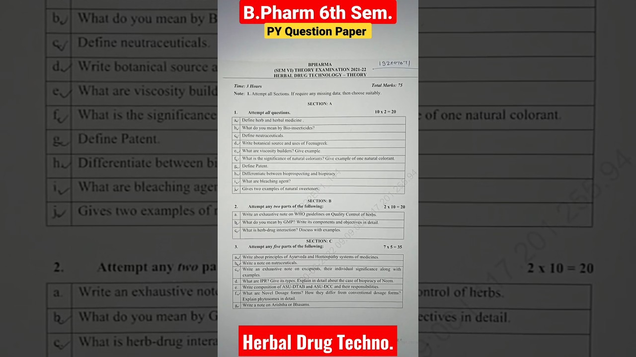 B.Pharm 6th Semester | Herbal Drug Technology | PY Question Paper