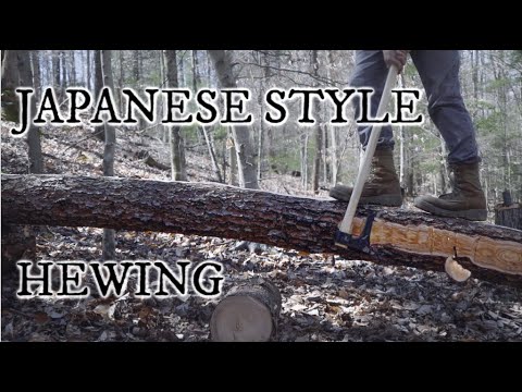 Japanese style hewing a curvy pine log with new bearded axe and draw knife