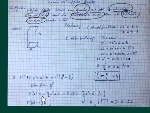 Extremwertaufgabe: Quader mit quadratischer  Grundfläche