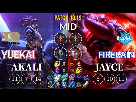 RNG yuekai Akali vs hyF FireRain Jayce Mid - KR Patch 10.19