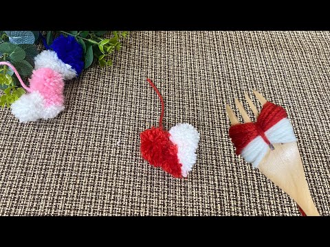 Easy Pom Pom Heart Making Idea with Fork - Amazing Craft Ideas with Wool  - How to Make Yarn Heart