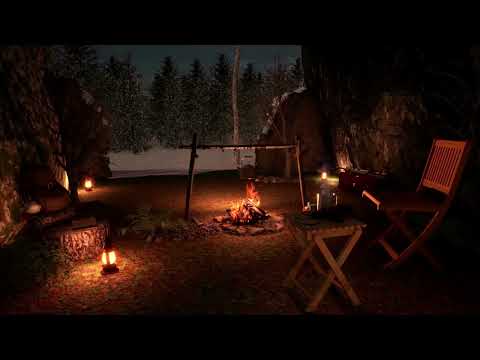 Winter's Embrace: Snowy Wilderness Cave ❄️ with Cozy Campfire 🔥 | Relaxing Sounds of Wintery Bliss