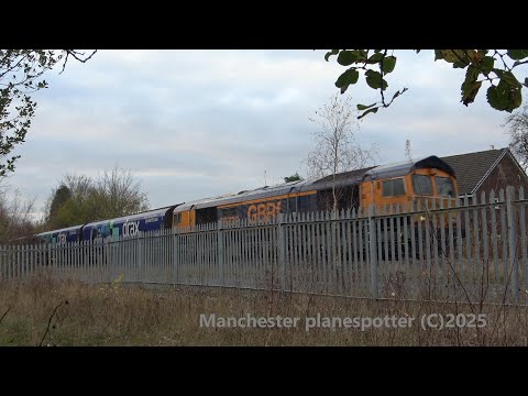 GBRF Class 66732 On 6E10 Biomass Train Passing Reddish Vale On The 16/11/2025