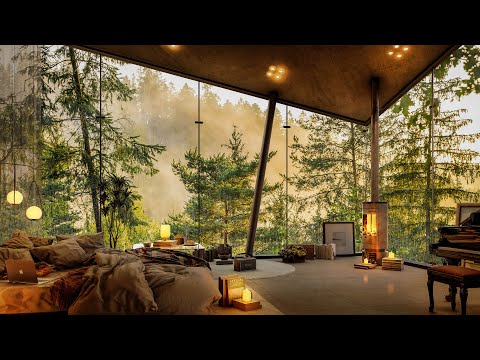 🌤️ Early Morning Bedroom in Forest with  Slow Piano Jazz Music ☕ - Relaxing Jazz for Work , Study