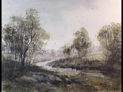 643) Timelapse Tonalist Watercolor Landscape Painting: Glazing with New Gamboge Over Cool Blue