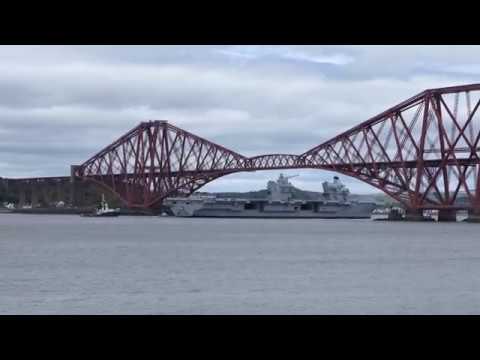 HMS Queen Elizabeth transits under 3 Forth bridges back out to sea [4K/UHD]