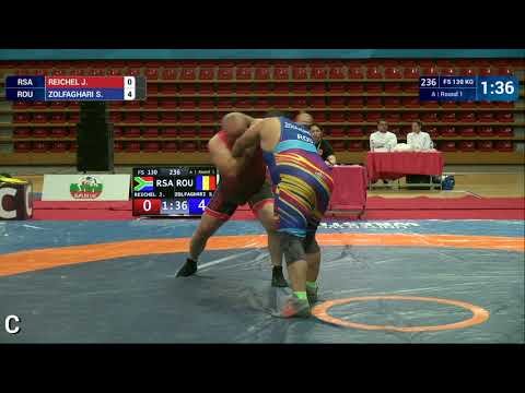 Round 1 FS - 130 kg: J. REICHEL (RSA) v. S. ZOLFAGHARI (ROU)