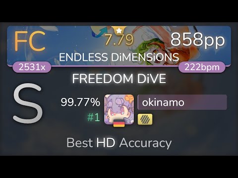 [7.79⭐] okinamo | xi - FREEDOM DiVE [ENDLESS DiMENSiONS] +HD 99.77% {#1 858pp FC} - osu!