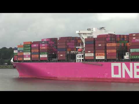 Shipspotting Super Giant Container Ship ONE MEISHAN departing Hamburg Germany on July 27, 2023